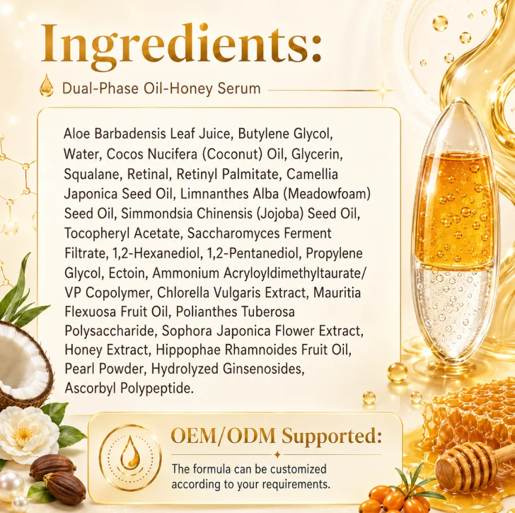 List of ingredients for a dual-phase oil-honey serum with a detailed breakdown. A vial with oil and honey layers is shown alongside honeycomb and flowers.